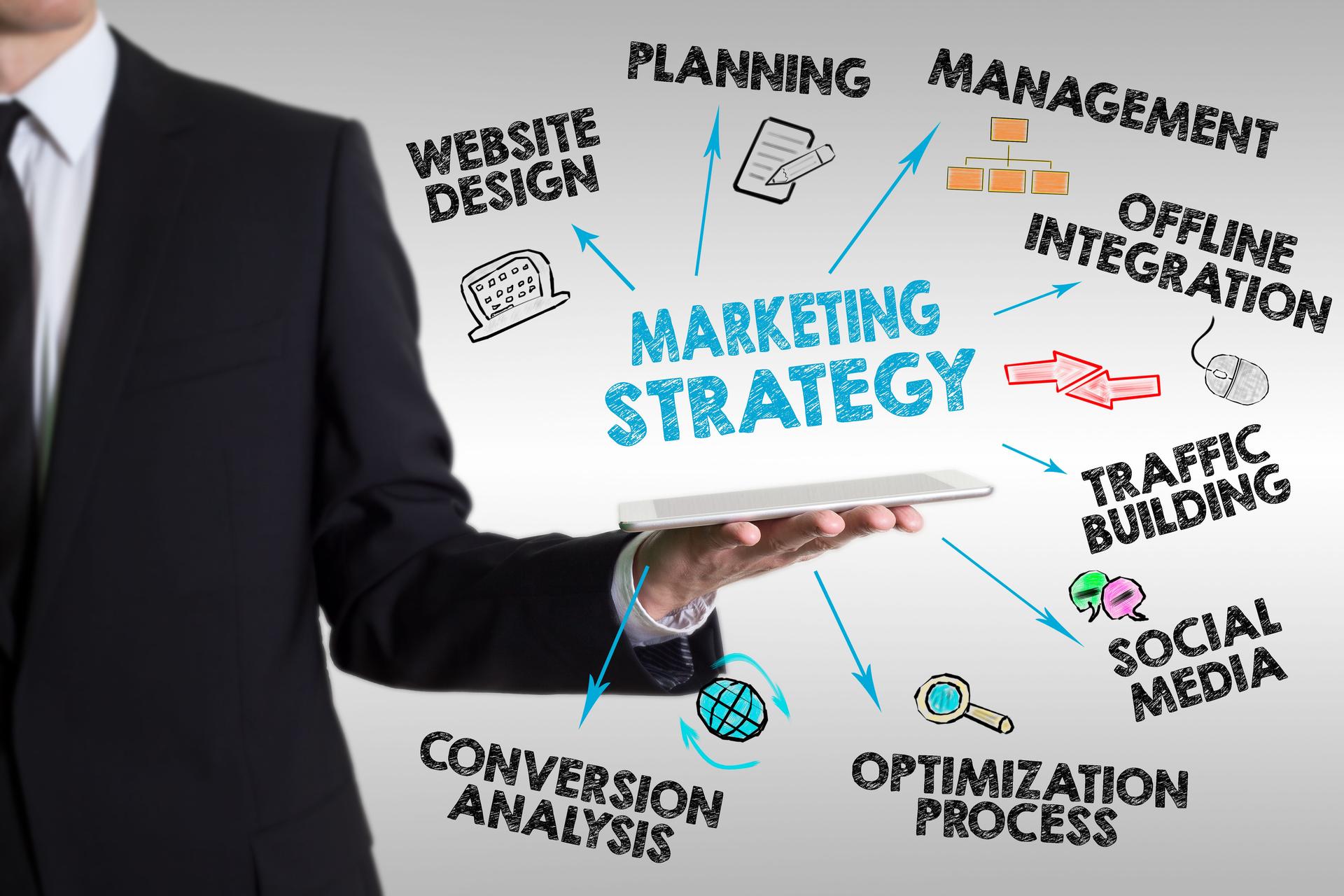 Marketing Strategy concept, young man holding a tablet computer